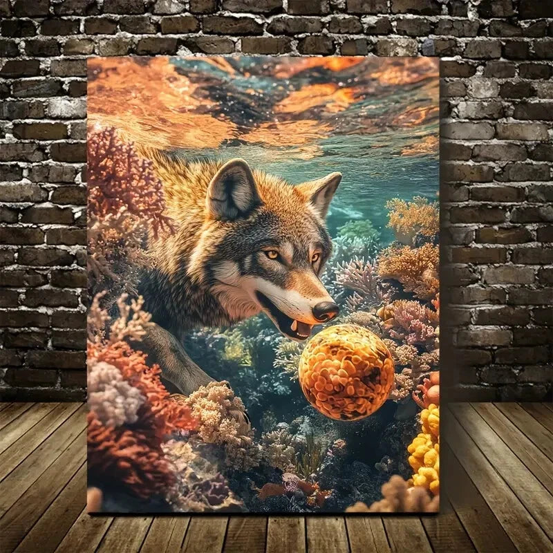 Beautiful Vibrant Wolf & Coral Reef Golden Painting 40x60cm Metal Print Ready to Hang