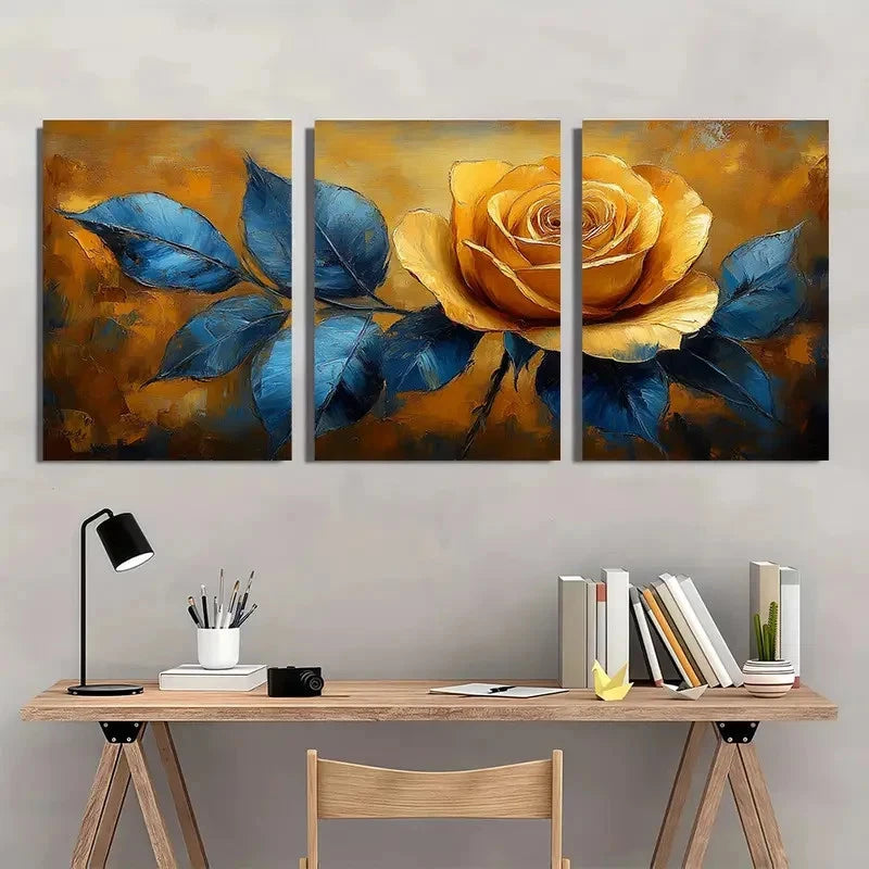 3pcs Yellow And Blue Art Rose Perfect Wall Art Set Canvas Framed 40x60cm - High Quality Print 100% Australian Made Wall Canvas Ready to Hang