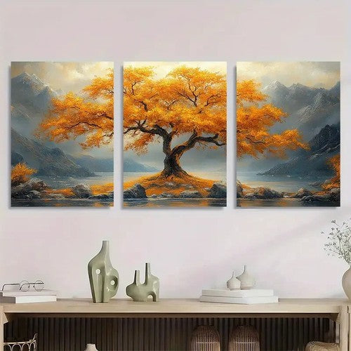 3pcs Modern Abstract Golden Tree Metal Print Ready to Hang Art