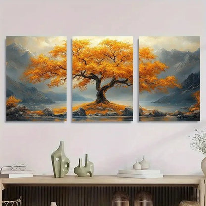 3pcs Modern Abstract Golden Tree Metal Print Ready to Hang Art