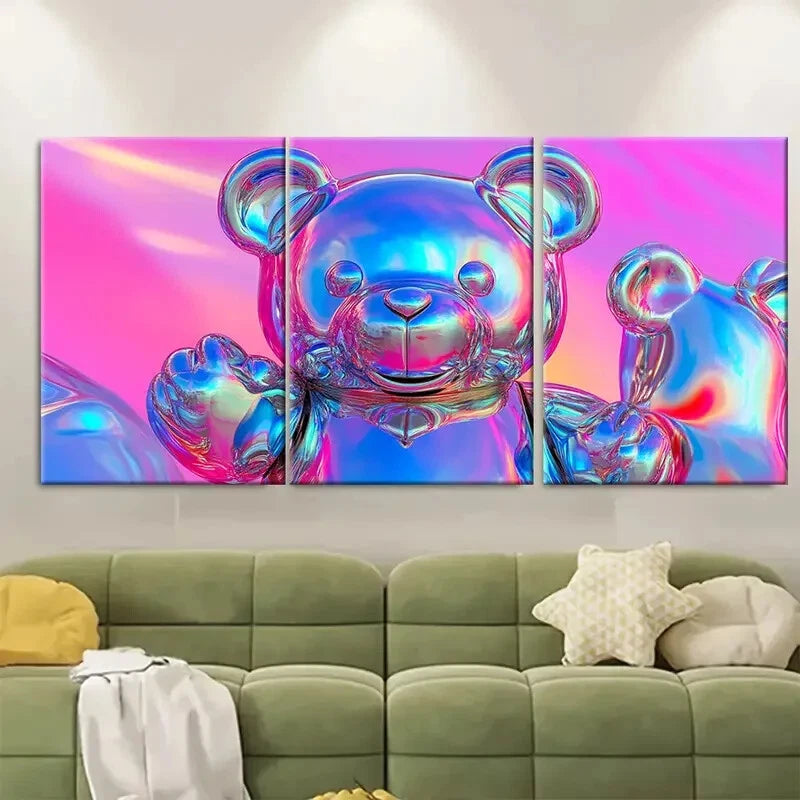 3pcs Metallic Teddy Bear Vibrant Metal Print Ready to Hang Art