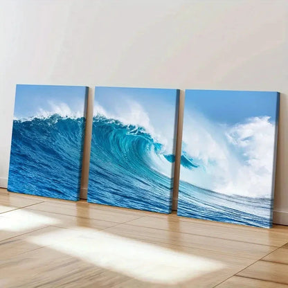 3pcs Vibrant Blue Surf Ocean Wave Wall Art Set Canvas Framed 40x60cm - High Quality Print 100% Australian Made Wall Canvas Ready to Hang
