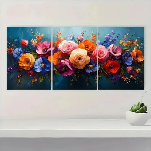3pcs Colorful Floral Blue, Pink, Orange & Purp Wall Art Set Canvas Unframed - High Quality Print 100% Australian Made Wall Canvas