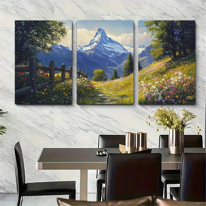 3pcs Oil Painting with Matterhorn Wildflowers Metal Print Ready to Hang Art