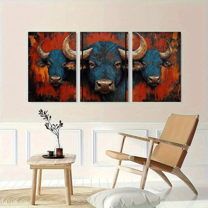 Three-panel painting of bulls on a wall above a wooden table and chair.