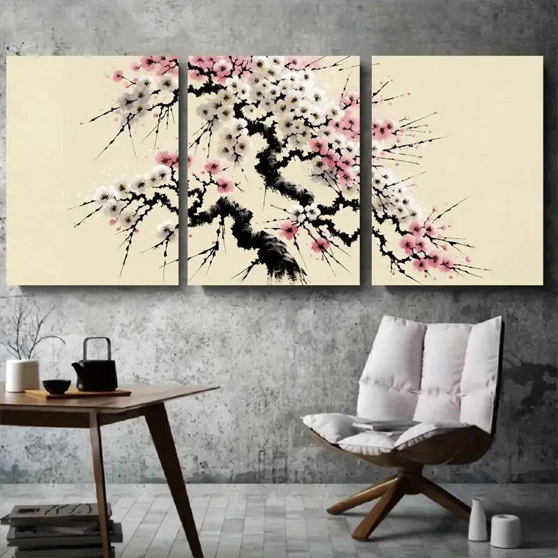 3pcs Elegant Pink and White Plum Blossom Wall Art Set Canvas Framed 40x60cm - High Quality Print 100% Australian Made Wall Canvas Ready to Hang