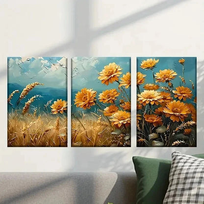 3pcs Yellow Flowers in a Field & Blue Sky Wall Art Set Canvas Framed 40x60cm - High Quality Print 100% Australian Made Wall Canvas Ready to Hang