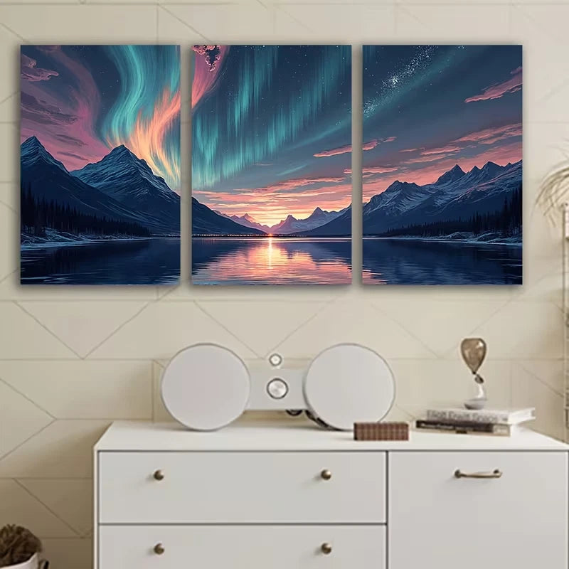 3pcs Vibrant Aurora over Snowy Mountain Lake Wall Art Set Canvas Framed 50x70cm – High Quality Print 100% Australian Made Wall Canvas Ready to Hang