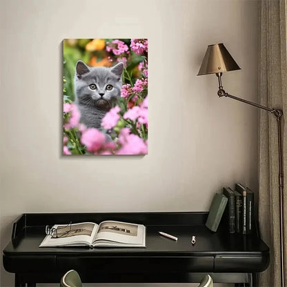 Adorable British Shorthair Kitten with Vibrant Flowers 40x60cm Metal Print Ready to Hang