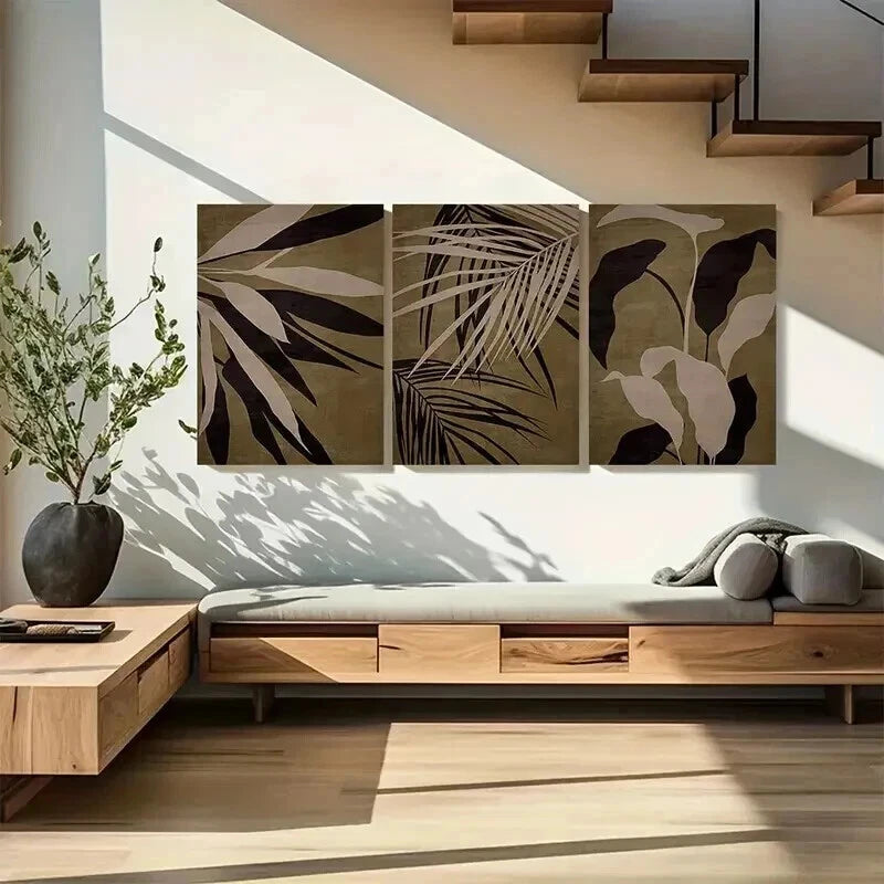 3pcs  Abstract Brown Tropical Leaf Print Wall Art Set Canvas Framed 40x60cm - High Quality Print 100% Australian Made Wall Canvas Ready to Hang