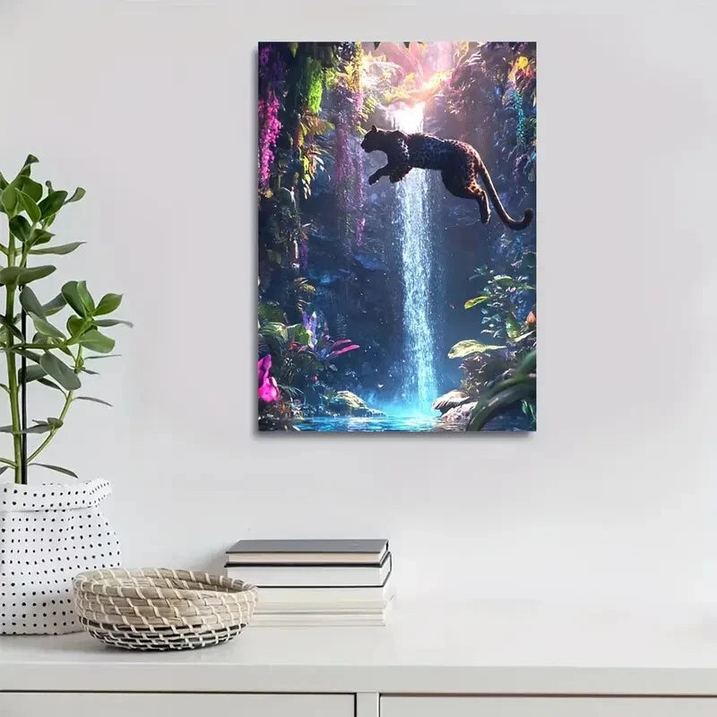 Beautiful Joyful Leopard by Waterfall Scene 40x60cm Metal Print Ready to Hang