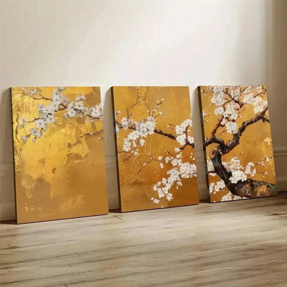 3pcs Japanese Cherry Blossom Golden Perfect Wall Art Set Canvas Framed 40x60cm - High Quality Print 100% Australian Made Wall Canvas Ready to Hang