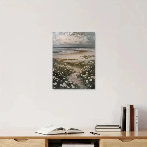 Serene Seashore Bliss With White Florals Painting 60x90cm Metal Print Ready to Hang