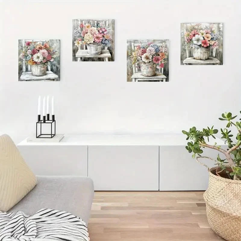 4pcs Colorful Flower Suitable Wall Art Canvas Framed