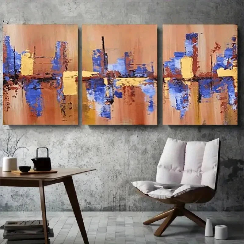 3pcs Geometric Design Blue and Yellow Colorful Metal Print Ready to Hang Art