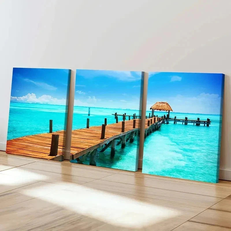 3pcs Seaside Landscape Art Pier Sea Wall Art Set Canvas Framed 40x60cm - High Quality Print 100% Australian Made Wall Canvas Ready to Hang