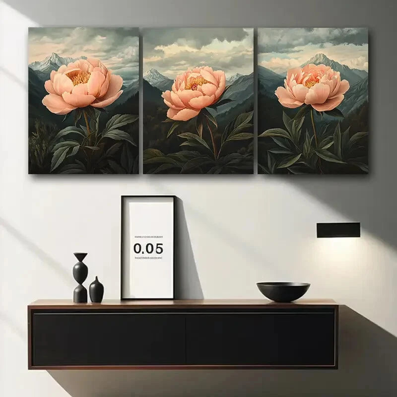 3pcs Elegant Peony Rose Themed Floral Metal Print Ready to Hang Art