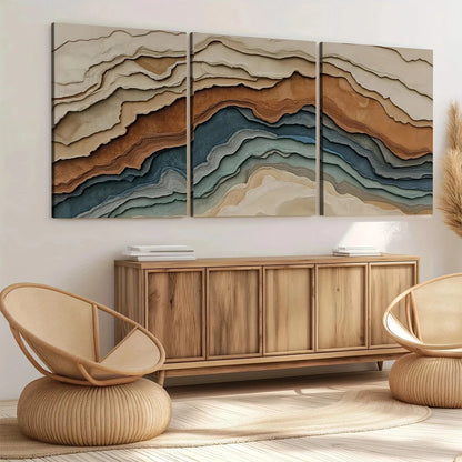 3pcs Abstract Earth Tones Blue Wave Brown Gray Wall Art Set Canvas Framed 40x60cm - High Quality Print 100% Australian Made Wall Canvas Ready to Hang