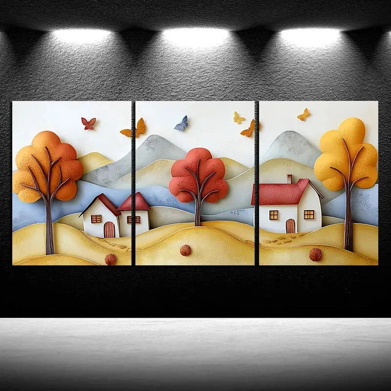 3pcs Colourful Mountains And Cabins Metal Print Ready to Hang Art