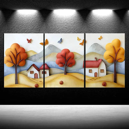 3pcs Colourful Mountains And Cabins Metal Print Ready to Hang Art