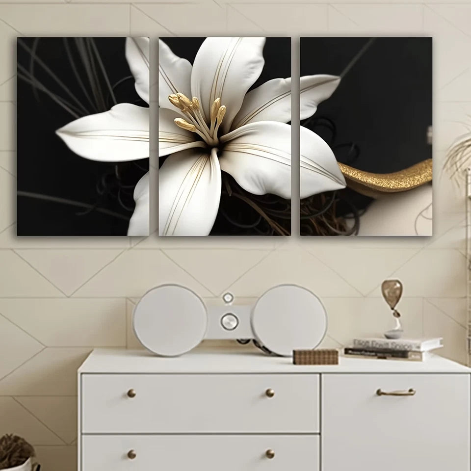 3pcs White Flowers on Black Painting Wall Art Set Canvas Framed 40x60cm - High Quality Print 100% Australian Made Wall Canvas Ready to Hang