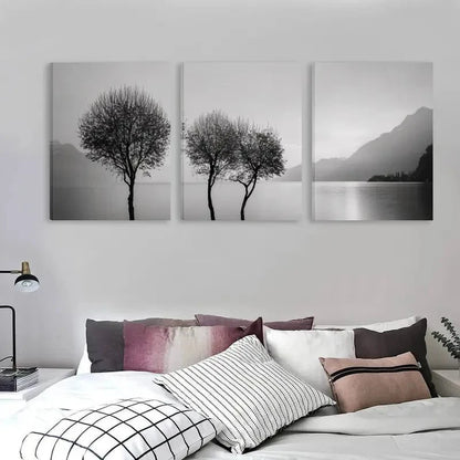 3pcs Black & White Three Trees by the Lake Wall Art Set Canvas Framed 60x90cm - High Quality Print 100% Australian Made Wall Canvas Ready to Hang