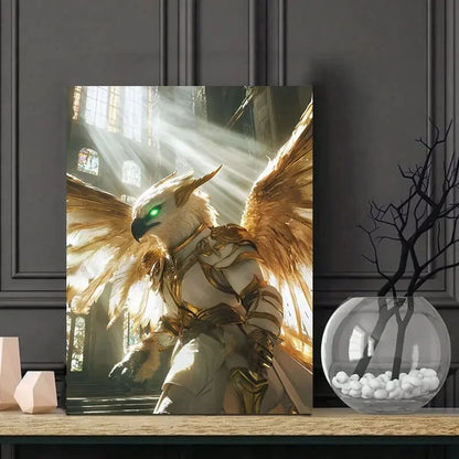 Majestic Golden Griffin with White Wings and Green Eye 40x60cm Metal Print Ready to Hang