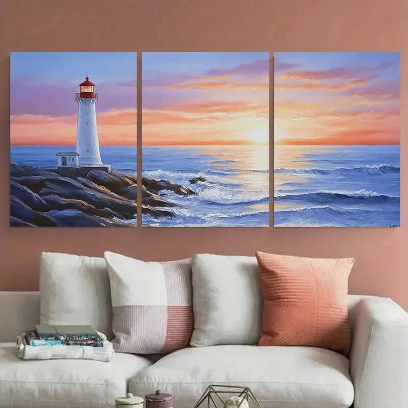 3pcs Lighthouse Sunset Coastal Metal Print Ready to Hang Art