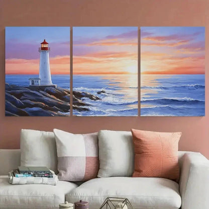 3pcs Lighthouse Sunset Coastal Metal Print Ready to Hang Art