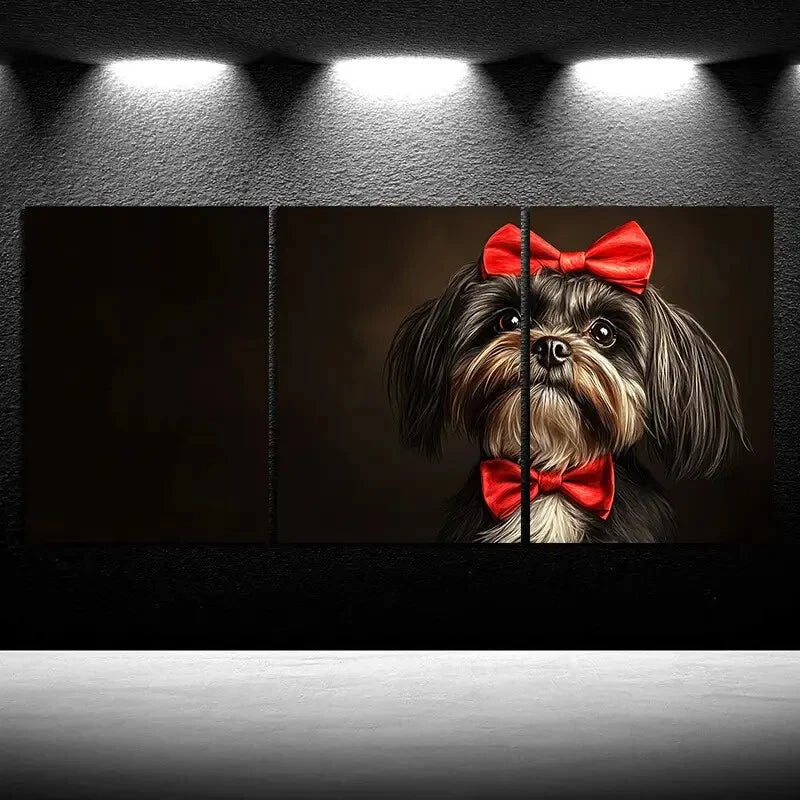 3pcs Dog Wearing a Bow Tie Red & Black Metal Print Ready to Hang Art