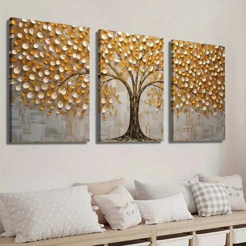 3pcs Golden Black and White Tree Texture Wall Art Set Canvas Unframed - High Quality Print 100% Australian Made Wall Canvas
