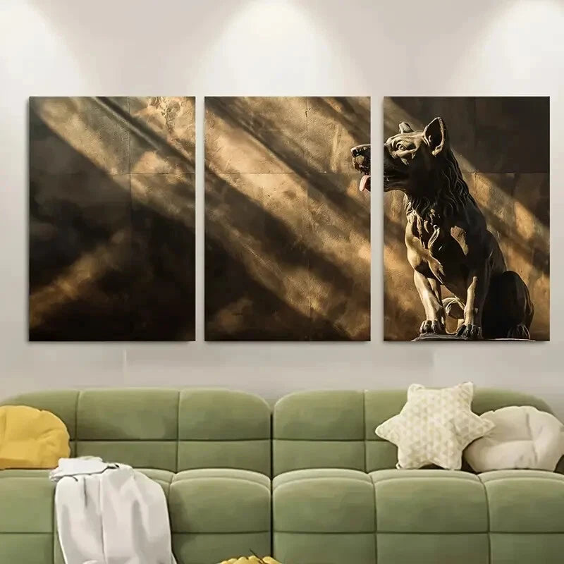 3pcs Cerberus Statue Under Dramatic Sunlight Metal Print Ready to Hang Art