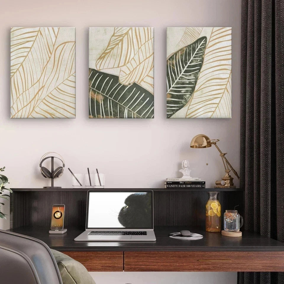 3pcs Modern Neutral Botanical Leaf Line Art Wall Art Set Canvas Framed 40x60cm - High Quality Print 100% Australian Made Wall Canvas Ready to Hang