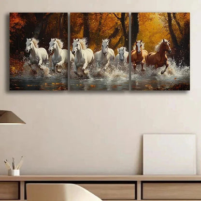 3pcs Majestic Running White & Brown Horses Wall Art Set Canvas Framed 40x60cm - High Quality Print 100% Australian Made Wall Canvas Ready to Hang