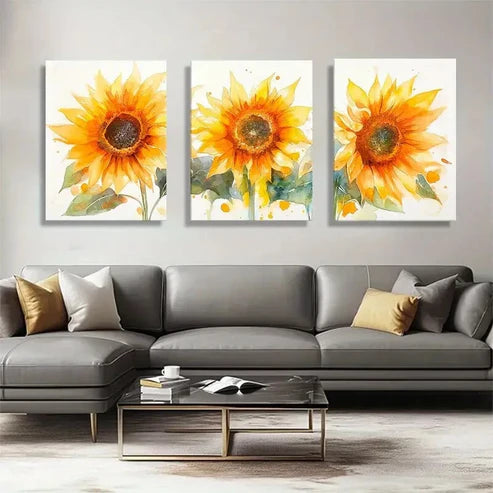 3pcs Vibrant Yellow Floral Brushstrokes Perfect Wall Art Canvas Unframed - High Quality Print 100% Australian Made Wall Canvas