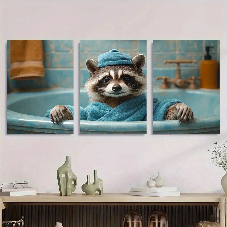 3pcs Funny Raccoon Humorous Animal Scenes Metal Print Ready to Hang Art