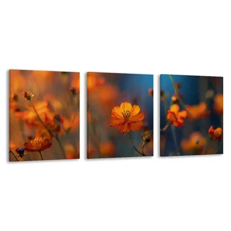 3pcs Blurred Background of Orange Wildflowers Wall Art Set Canvas Framed 40x60cm - High Quality Print 100% Australian Made Wall Canvas Ready to Hang
