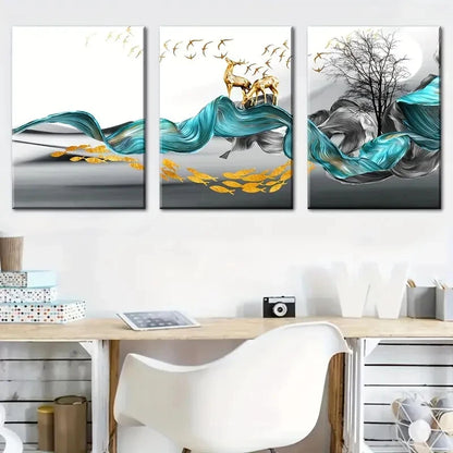 3pcs Abstract Stunning Golden Blue Themed Metal Print Ready to Hang Art