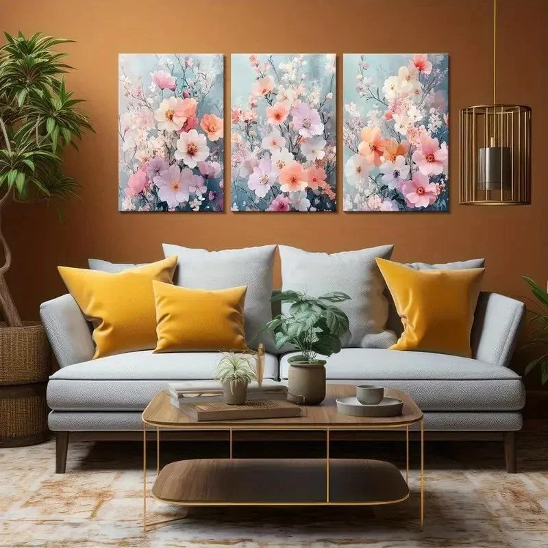 3pcs Pink Blue Flower Decorative Painting Metal Print Ready to Hang Art