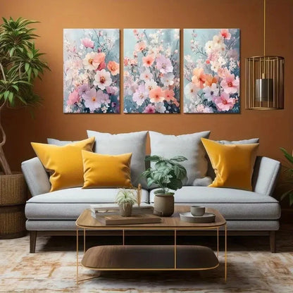 3pcs Pink Blue Flower Decorative Painting Metal Print Ready to Hang Art