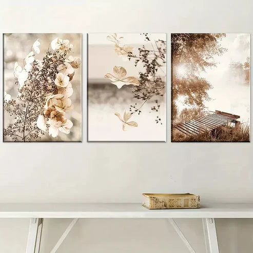 3pcs Natural Leaf Deep Autumn Landscape Wall Art Set Canvas Framed 60x90cm - High Quality Print 100% Australian Made Wall Canvas Ready to Hang