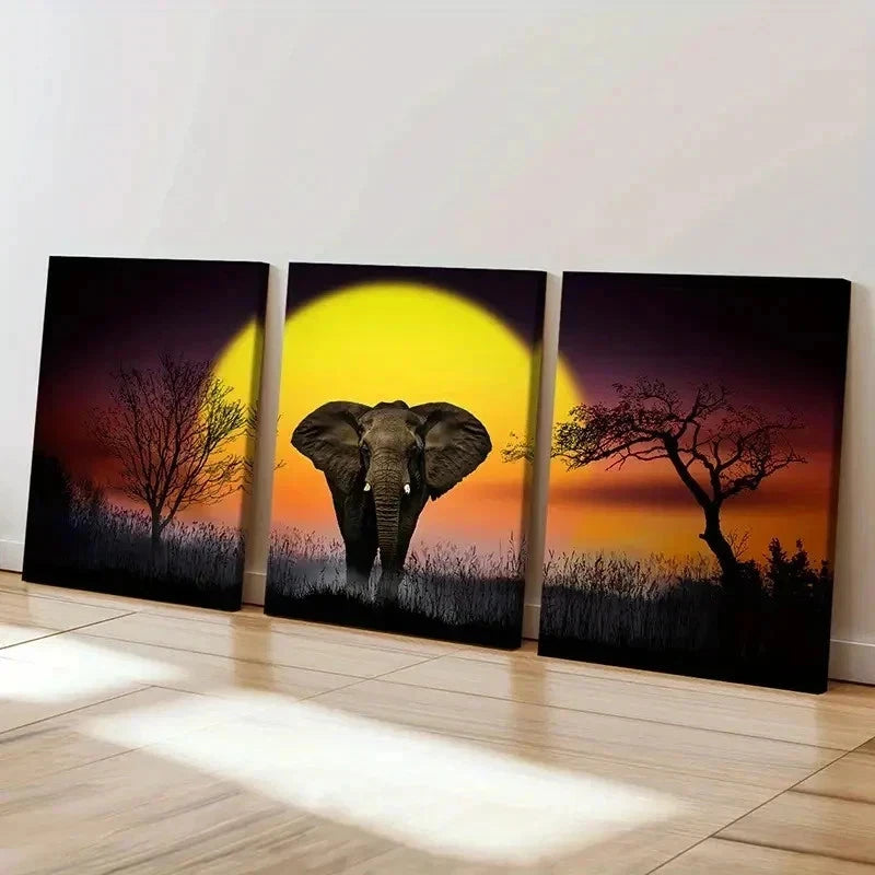 3pcs African Elephant Sunset Modern Wall Art Set Canvas Framed 40x60cm - High Quality Print 100% Australian Made Wall Canvas Ready to Hang