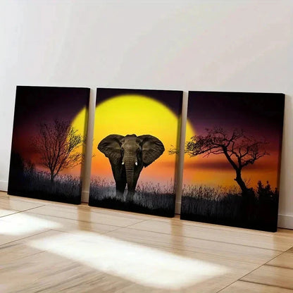 3pcs African Elephant Sunset Modern Wall Art Set Canvas Framed 40x60cm - High Quality Print 100% Australian Made Wall Canvas Ready to Hang
