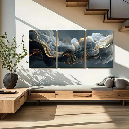 3pcs Abstract Cloudscape Art Golden Waves Metal Print Ready to Hang Art