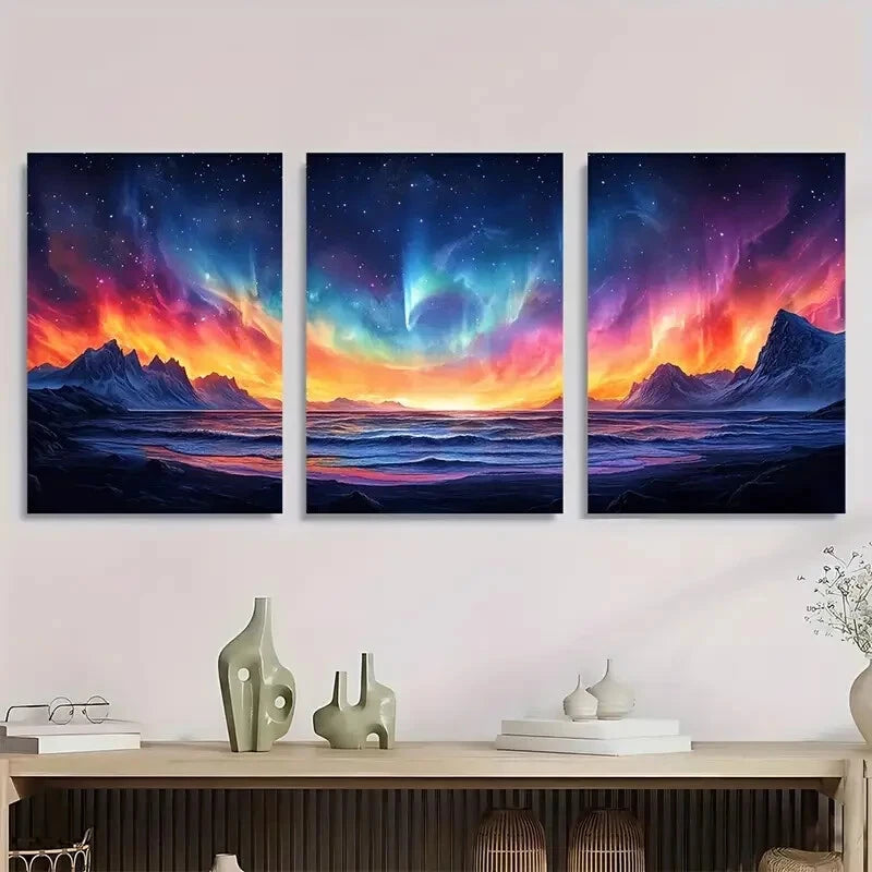 3pcs Vibrant Aurora Borealis Mountain & Ocean Metal Print Ready to Hang Art