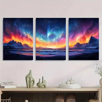 3pcs Vibrant Aurora Borealis Mountain & Ocean Metal Print Ready to Hang Art