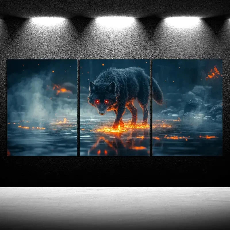 3pcs Wolf In The Flames Animal Themed Metal Print Ready to Hang Art