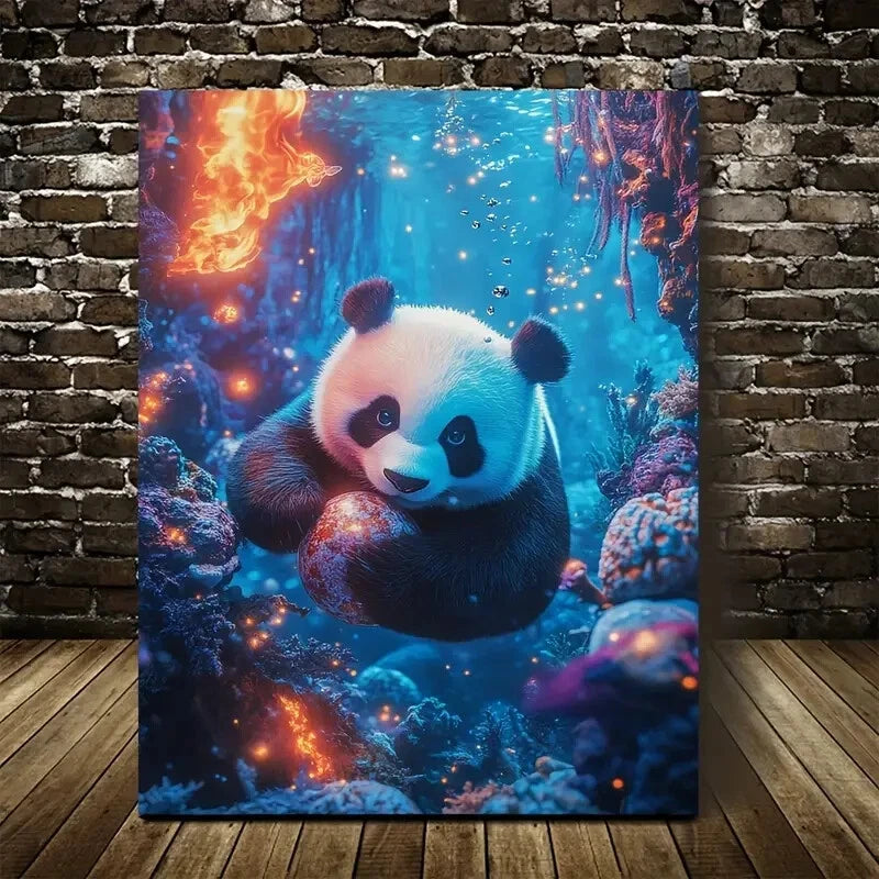 Panda Playing with a Ball Underwater In a Coral Reef 40x60cm Metal Print Ready to Hang