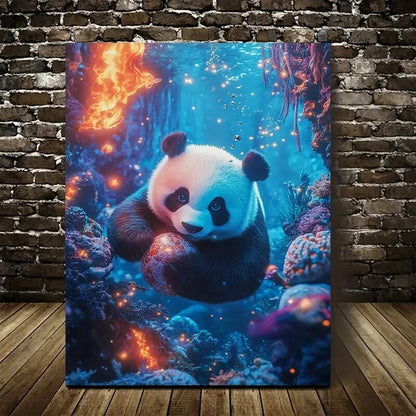 Panda Playing with a Ball Underwater In a Coral Reef 40x60cm Metal Print Ready to Hang