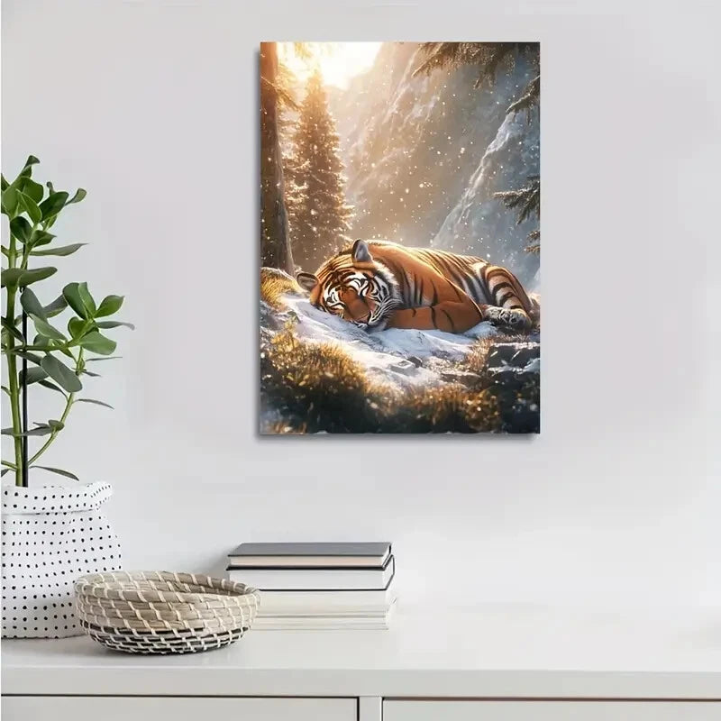 Sunlit Snowy Mountain Scene Style Tiger Painting 40x60cm Metal Print Ready to Hang